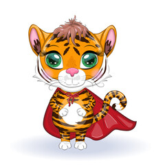 Cute cartoon tiger with beautiful eyes, orange in a red cloak, super hero