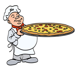 cook with pizza - chef holding a big tray with pizza, cartoon color vector illustration, on a white background