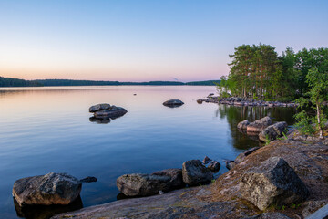 View of the shore of The Lake Saimaa in the evening, Lammassaari, Imatra, Finland