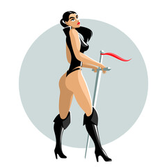 Amazon woman warrior in black suit and boots with big sword vector illustration