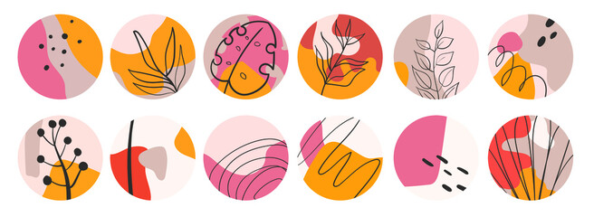 Abstract highlight covers, contemporary shapes , round icons for bloggers social media stories, vector set, contemporary round stories