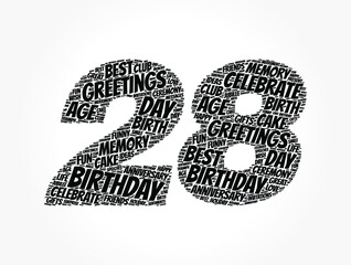 Happy 28th birthday word cloud, holiday concept background