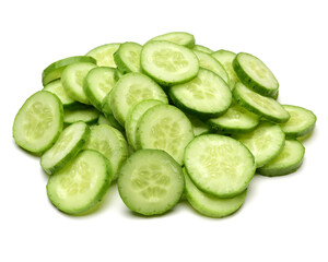 Fototapeta na wymiar Slices of green cucumber on white background