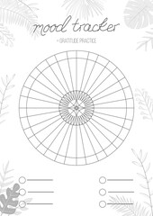 Printable A4 paper sheet with circle with blank lines to fill and tropical leaves. Minimalist planner of mood tracker, gratitude log, bullet journal page, daily planner template, blank for notebook.
