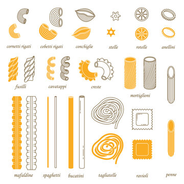 The vector set of different types of italian pasta. Line art and simple style