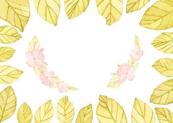 Delicate frame with gold watercolor apple blosom leaves in corner