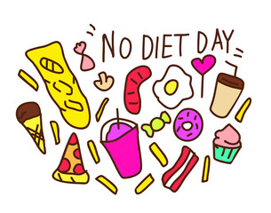 Day no diet.Food doodle elements,set. Vector illustration in cartoon style.