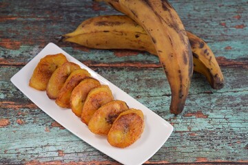 Fried slices of ripe plantains, traditional and popular snack in Central America and Northern South America