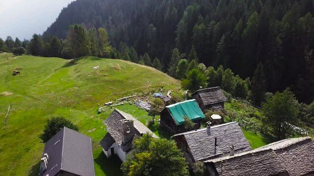 Aerial view of remote mountain village in Swiss Ticino