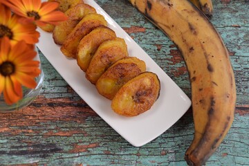 Fried slices of ripe plantains, traditional and popular snack in Central America and Northern South America