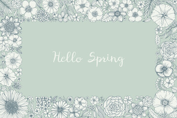 Vector floral frame. Summer flowers in hand draw doodle sketch style. Blooming flowers and herbs illustration.