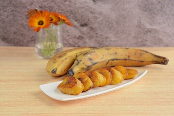 Fried slices of ripe plantains, traditional and popular snack in Central America and Northern South America