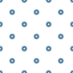 Small blue chamomile flowers isolated on white background. Cute floral seamless pattern. Vector simple flat graphic illustration. Texture.