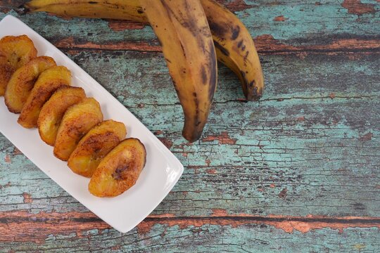 Fried slices of ripe plantains, traditional and popular snack in Central America and Northern South America