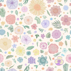 Seamless pattern with summer flowers for design. Hand draw doodle vector graphics. Plants in sketch style. For background, paper, fabric, packaging.