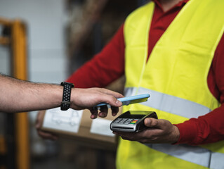Close up customer making a payment with mobile smartphone inside warehouse - Logistic and smart pay concept