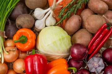 Seasonal vegetables. Basket with vegetables. Vegetables for nutrition.