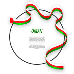 Waving ribbon flag of Oman on circle frame. Template for independence day poster