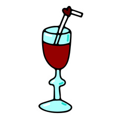 Doodle cocktail in glass. Color goblet with straws isolated on white background. Crockery with hearts sign of love. Valentines day, date, wedding romantic symbol. Vector festive cute illustration