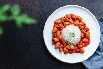 rice with beans and vegetables portion on the table cooking meal snack outdoor top view copy space for text food background rustic image keto or paleo diet vegan or vegetarian food