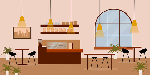 The interior of the cafe is empty without people. Flat vector illustration