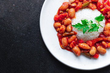 rice with beans and vegetables portion on the table cooking meal snack outdoor top view copy space for text food background rustic image keto or paleo diet vegan or vegetarian food