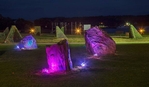 Lawn with stones in Sortavala (Serdobol). Republic of Karelia. Russia