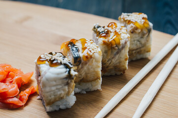 sushi chopsticks japanese cuisine red ginger top view