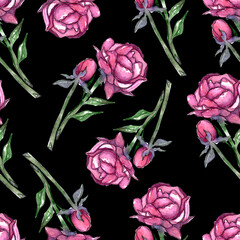 Seamless pattern with watercolor flowers. Flower painted in watercolor technique. Peony, rose for decoration of fabrics, cards, posters, stickers, gift wrapping.