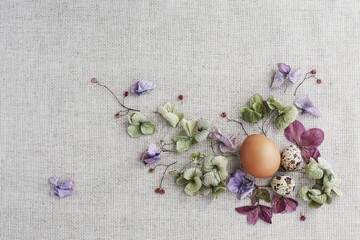 easter quail eggs in a nest of dried flowers and leaves