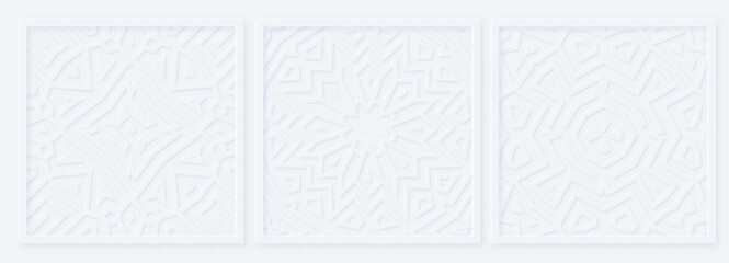 Set of cute abstract pure white illustration on white wall. Scandinavian minimalist floral ornate motif. Neumorphism ui style. Embossed square background for social media. Picture frame border. Tiles