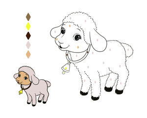 coloring book by dotted line and color, by numbers for the little ones, little lamb, lamb with a bell on its neck.Vector illustration, children's line art in cartoon style