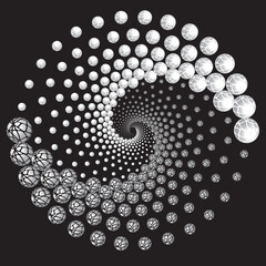 Dotted Halftone Vector Spiral Pattern. Abstract Background with Striped Spheres