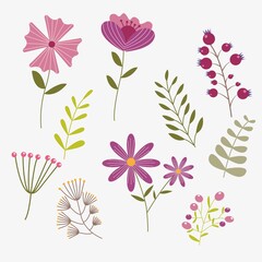 Set of floral elements. Flowers decoration on white background. Vector arrangements for greeting card or invitation design.