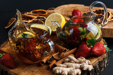 Fototapeta na wymiar aromatic hot cinnamon tea on wooden table
