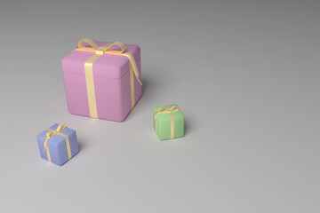 Bright colored gift boxes tied with ribbons. Gift boxes of different sizes on a gray background. 3D rendering.