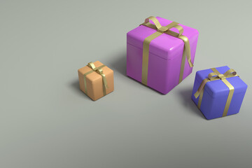 Bright colored gift boxes tied with ribbons. Gift boxes of different sizes on a gray background. 3D rendering.