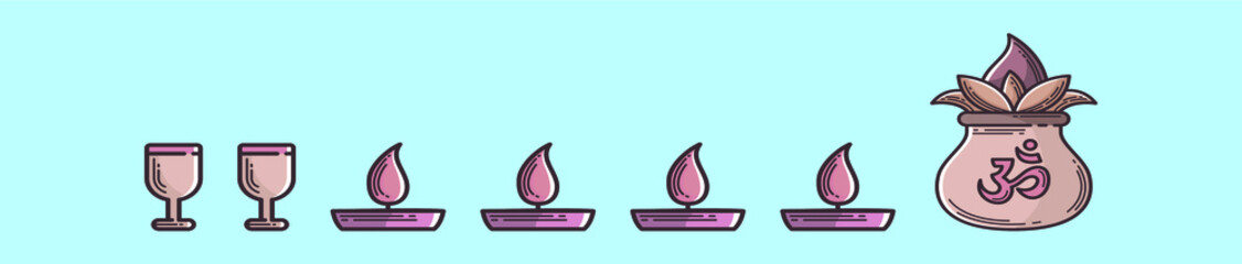 set of decorative kalash for india festival cartoon icon design template with various models. vector illustration isolated on blue background