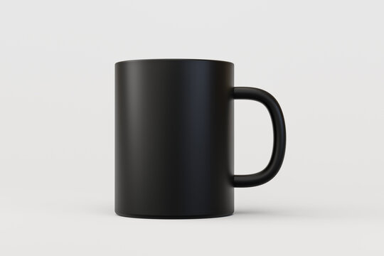 Black coffee cup or empty mug for drink isolated on white background with blank ceramic porcelain mockup template. 3D rendering.