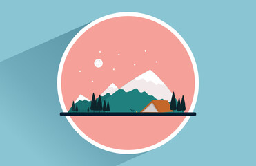 Decoration A camping night atmosphere at the foot of a snowy mountain, with the moon, stars and pine forests. Nature background, vector icon illustration on frame