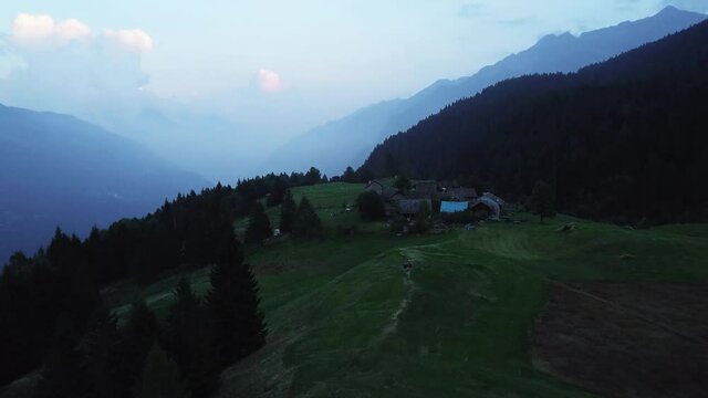 Aerial view of remote mountain village in Swiss Ticino