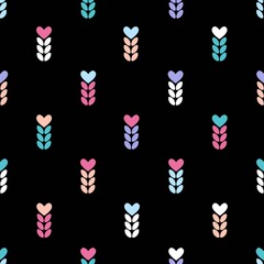 Chaotic seamless pattern of multicolored spikelets and hearts. Stock illustration for web and print, wallpaper, background, scrapbooking, wrapping paper, textile.