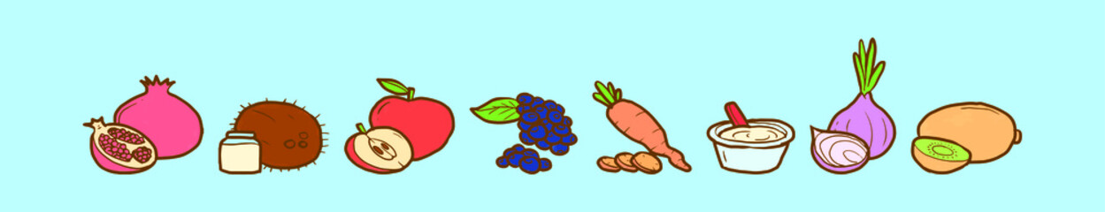 set of super food cartoon icon design template with various models. vector illustration isolated on blue background