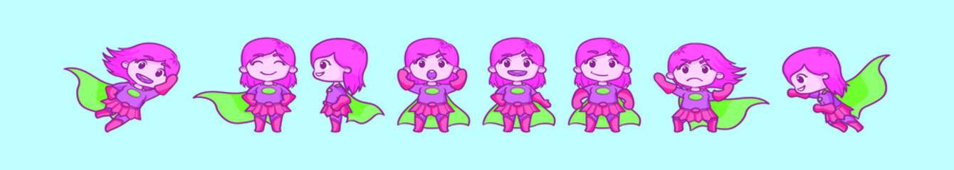 set of super women cartoon icon design template with various models. vector illustration isolated on blue background