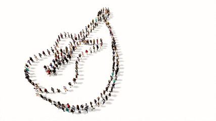 Concept or conceptual large gathering of people forming a guitar image on white background. A 3d illustration metaphor for music, concert, accoustic, festival, jazz, rock, lifestyle and entertainment