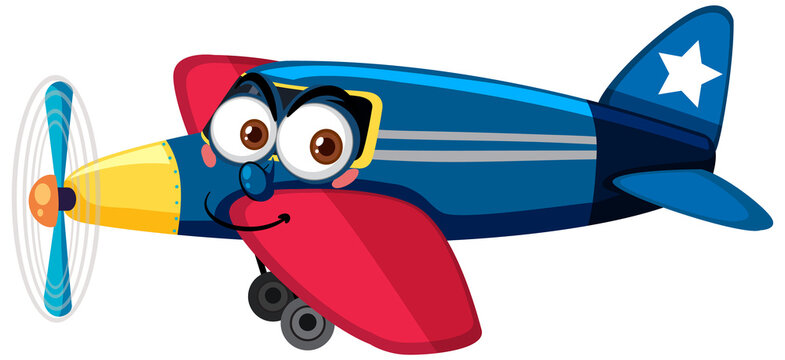 Airplane with face expression cartoon character on white background