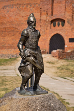 Sculpture of knight in front of castle of masovian dukes in Ciechanow. Poland