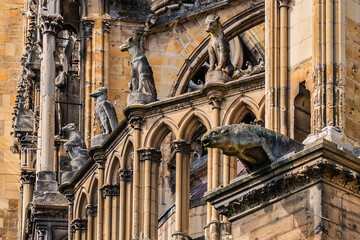 Architectural fragments of Reims Notre-Dame cathedral chevet. Notre-Dame de Reims Cathedral (Our Lady of Reims, 1275) is Roman Catholic Church in Reims. Champagne-ardenne, France.