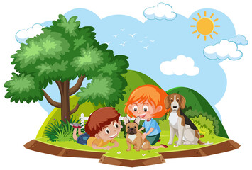 Obraz na płótnie Canvas Happy kids playing with dogs