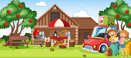 Outdoor scene with a couple and travelling car